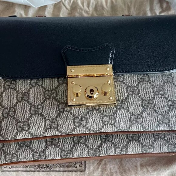 Gucci Tri Color Padlock Supreme Shoulder Bag Leather Handbag Gold Black Brown NW - Picture 6 of 10